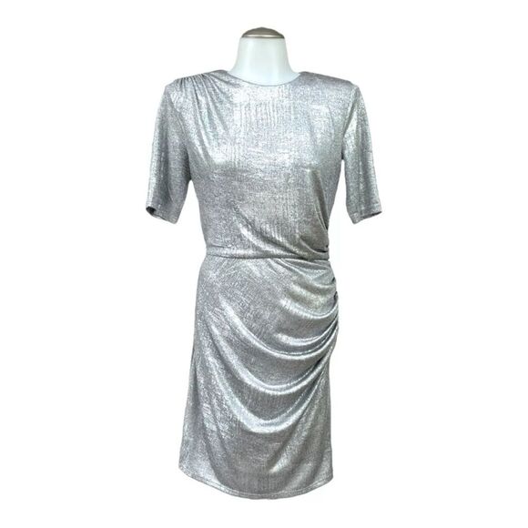 CATHERINE MALANDRINO Womens Cocktail Metallic Ruched Dress L NWT - Picture 2 of 13